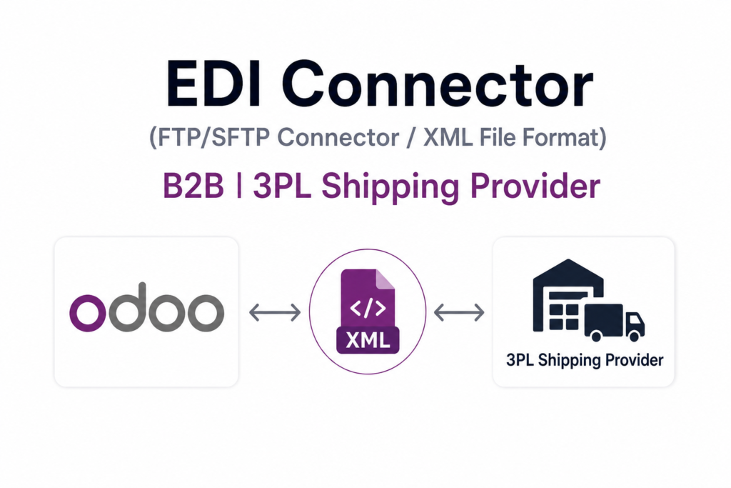 EDI Connector (FTP/SFTP Connector / XML File Format) | B2B | 3PL Shipping Provider | Export Purchase Order | Import Advance Shipping Notice (ASN) | Price lists | Import invoices automatically | Sync warehouse movements | Product master data | Odoo Shipping XML Integration| Odoo Custom XML Mapping | Import Vendor Product| Import Vendor Pricelist | Vendor Inventory